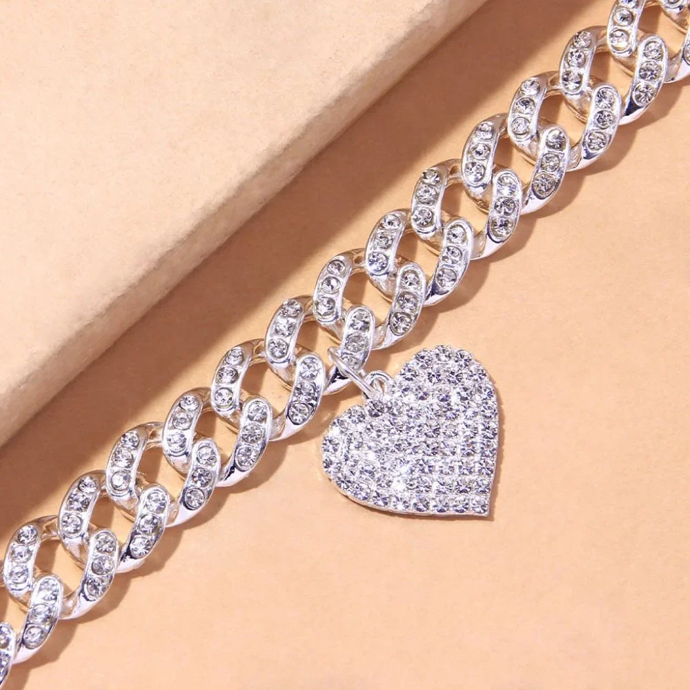 Chunky Miami Heart Shaped Cuban Link Foot Chain Anklet Bracelet Rhinestone - Picture 4 of 6
